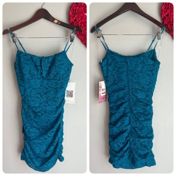 Emerald Sundae Juniors Glitter Mini Ruching Bodycon Dress MEDIUM in Teal Blue - Picture 1 of 11